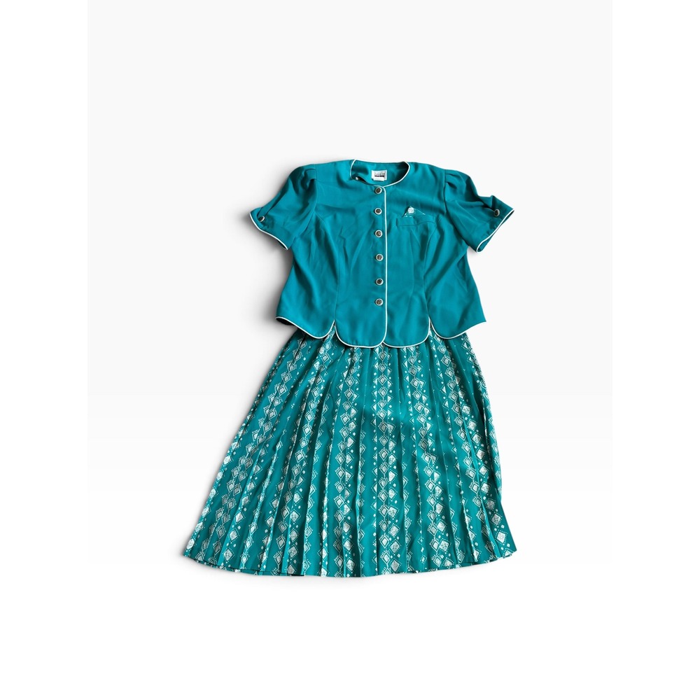 Leslie Fay Skirt Set 16WP Teal Blue Vintage 80s Scalloped Pleated Geometric